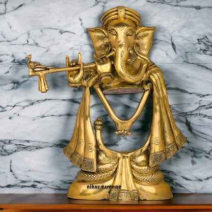 Big Ganesha Vinayaka Playing Flute Solid Brass Idol - 19 inches