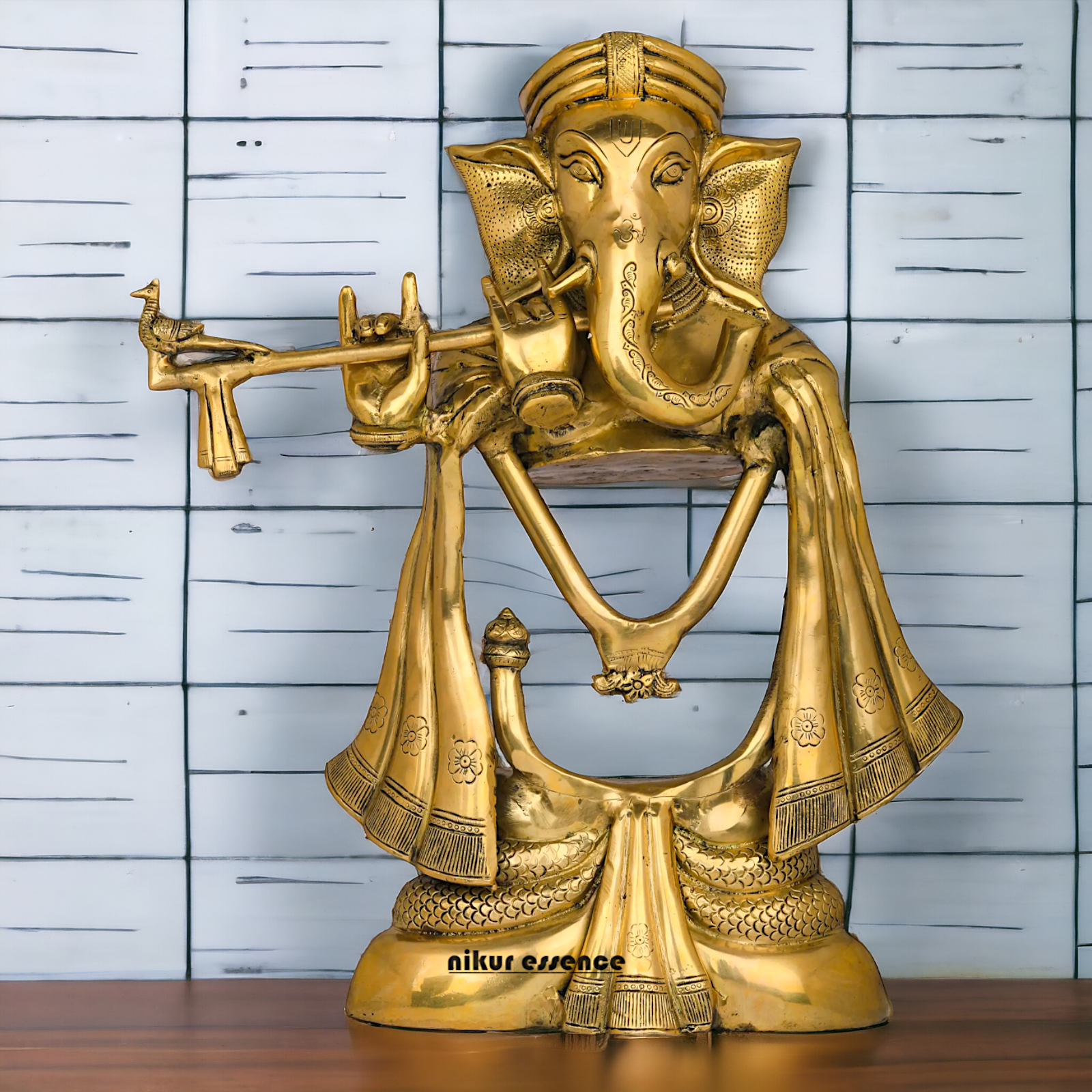 Big Ganesha Vinayaka Playing Flute Solid Brass Idol - 19 inches