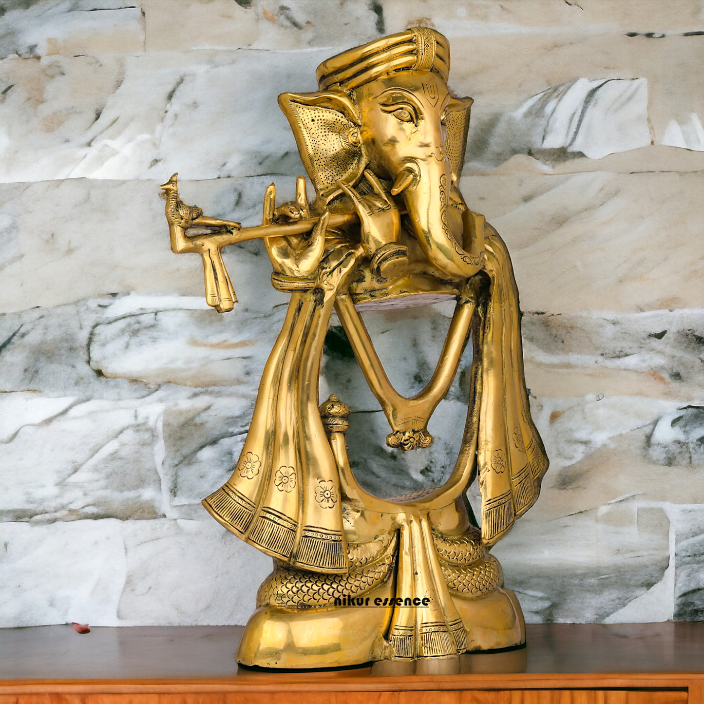 Big Ganesha Vinayaka Playing Flute Solid Brass Idol - 19 inches