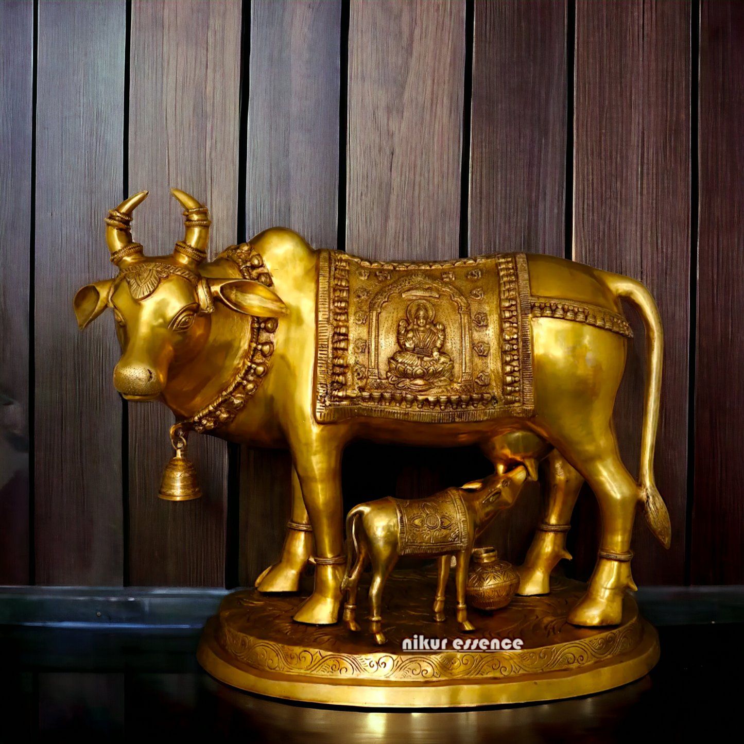 Big Cow kamadhenu with Calf Lakshmi Ganesh figurine Solid Brass idol - 34 Inches