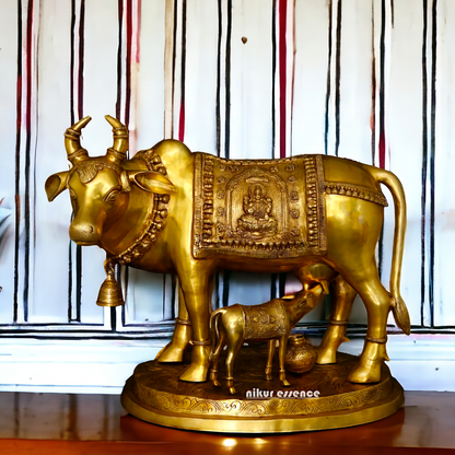 Big Cow kamadhenu with Calf Lakshmi Ganesh figurine Solid Brass idol - 34 Inches