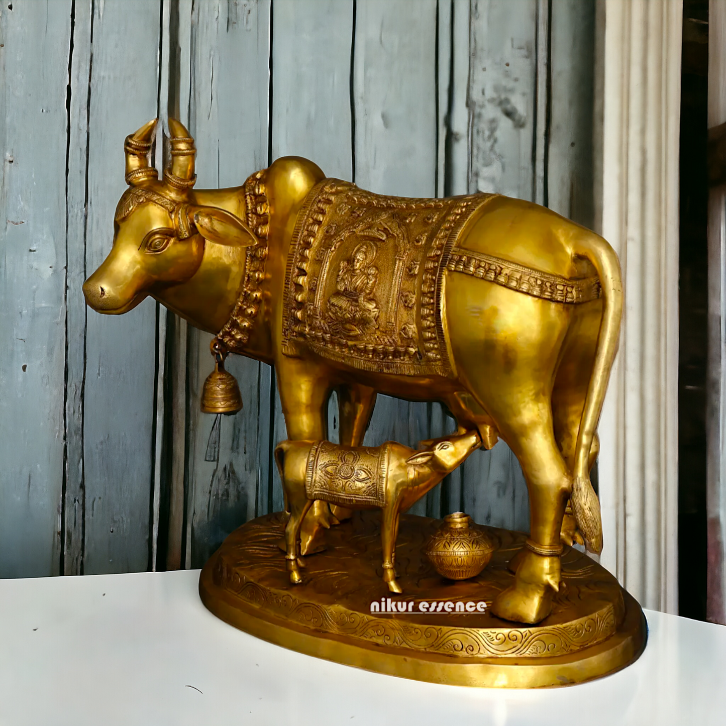 Big Cow kamadhenu with Calf Lakshmi Ganesh figurine Solid Brass idol - 34 Inches