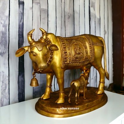 Big Cow kamadhenu with Calf Lakshmi Ganesh figurine Solid Brass idol - 34 Inches