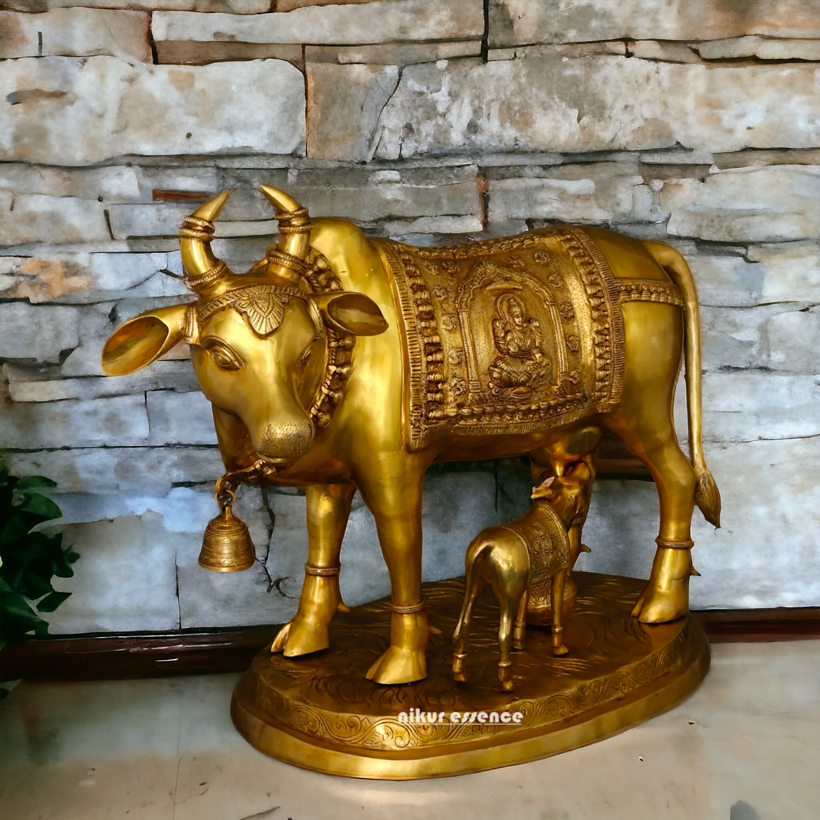 Big Cow kamadhenu with Calf Lakshmi Ganesh figurine Solid Brass idol - 34 Inches