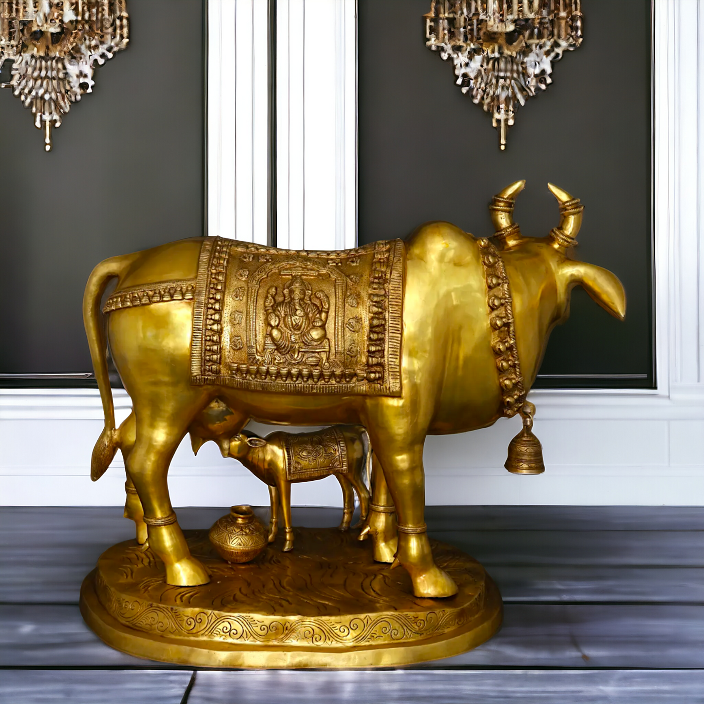 Big Cow kamadhenu with Calf Lakshmi Ganesh figurine Solid Brass idol - 34 Inches