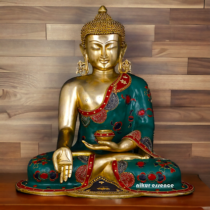 Buddha Sitting Brass Pital with Stone Work idol - 17 inches