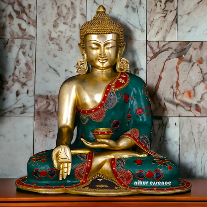 Buddha Sitting Brass Pital with Stone Work idol - 17 inches