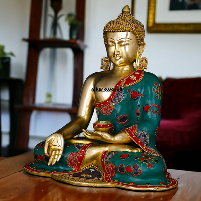 Buddha Sitting Brass Pital with Stone Work idol - 17 inches