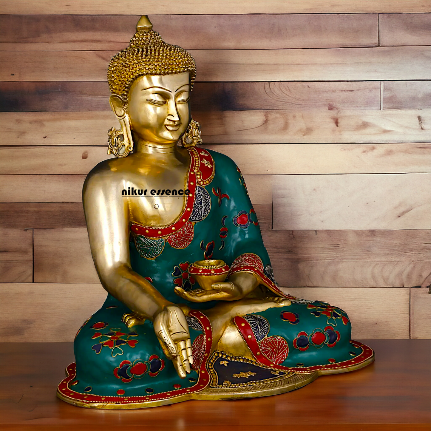 Buddha Sitting Brass Pital with Stone Work idol - 17 inches