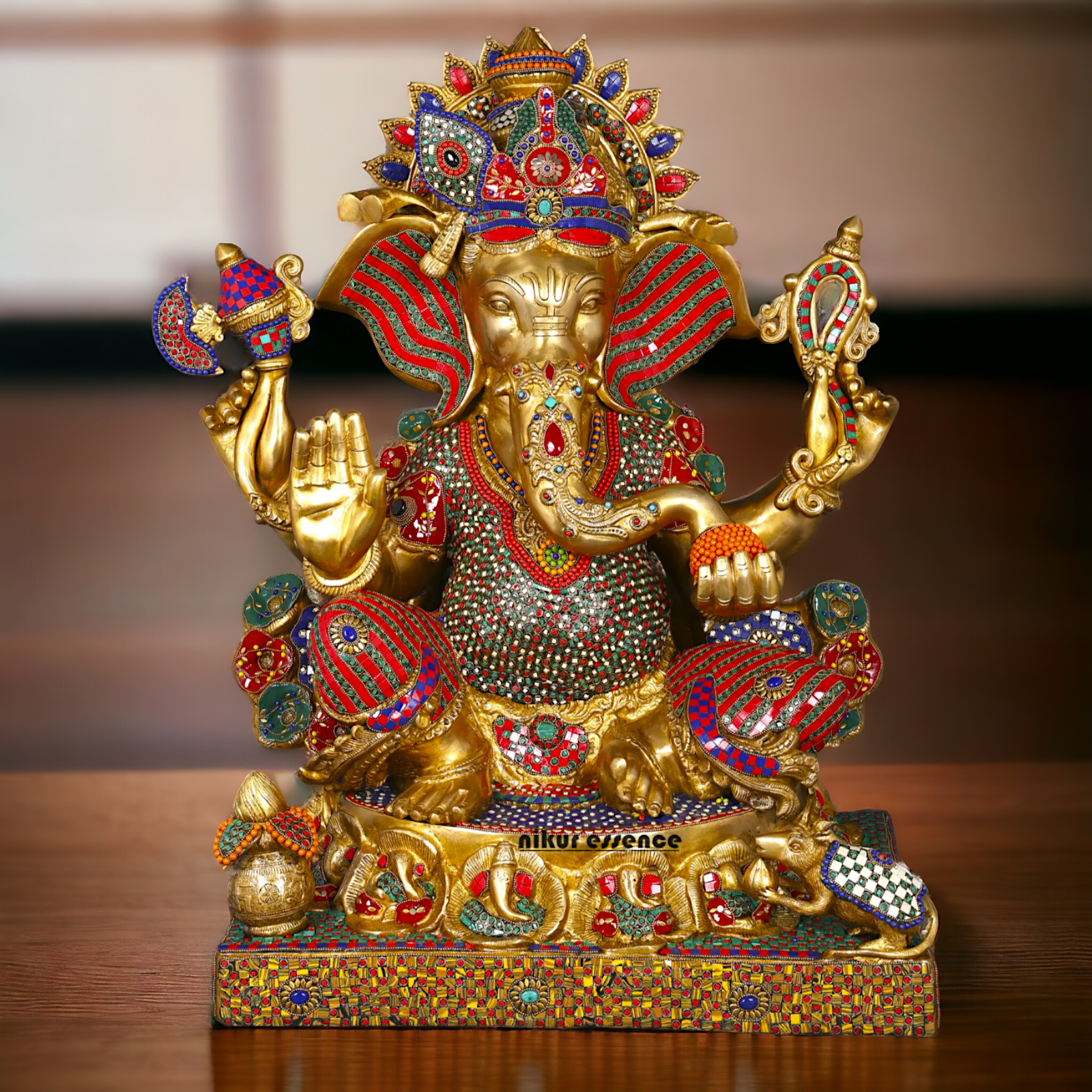 Big Ganesha Ganpati Sitting on Singhasan with Blessing Brass Stone work idol - 31 inches