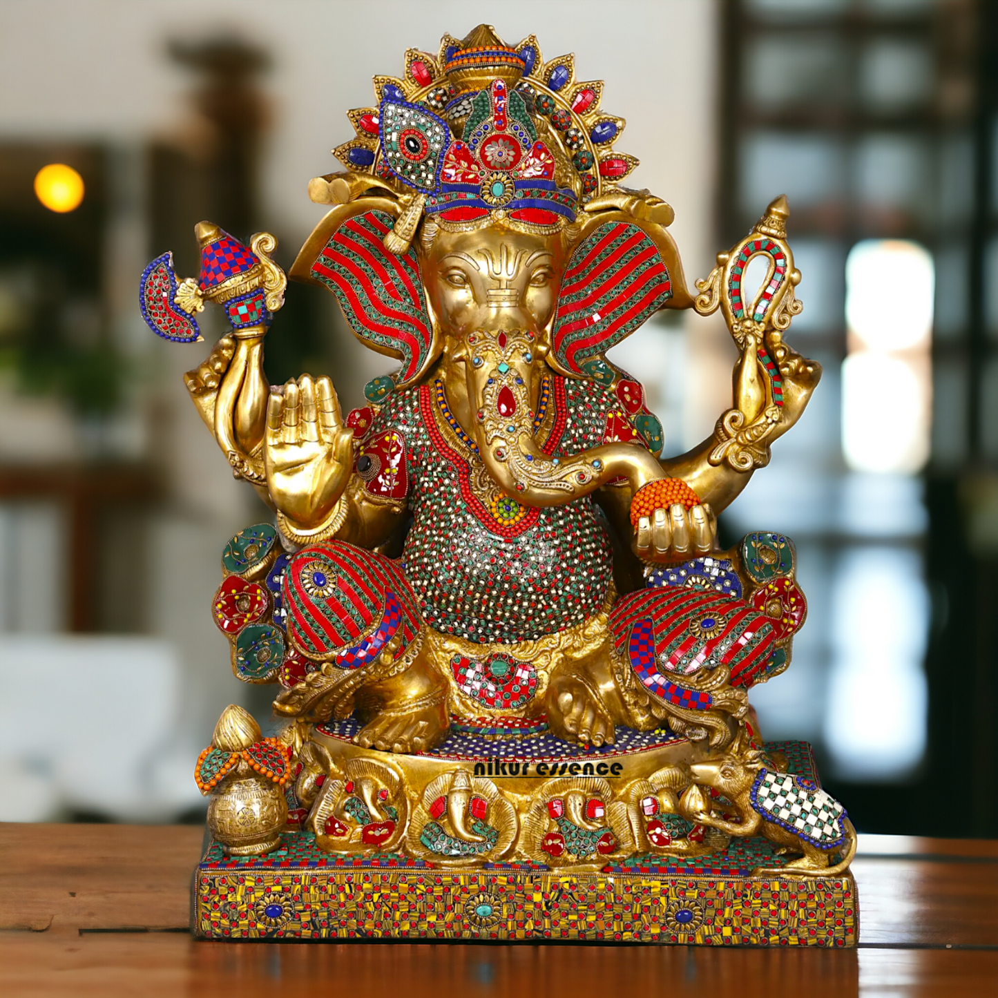 Big Ganesha Ganpati Sitting on Singhasan with Blessing Brass Stone work idol - 31 inches