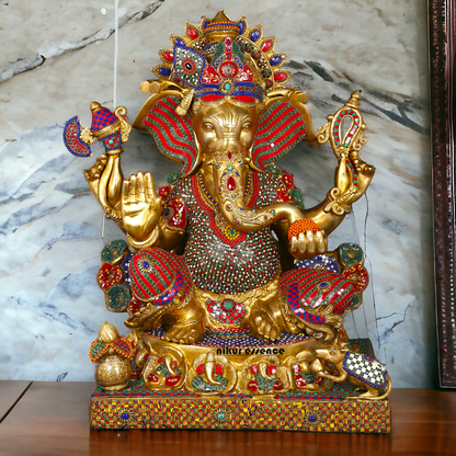 Big Ganesha Ganpati Sitting on Singhasan with Blessing Brass Stone work idol - 31 inches