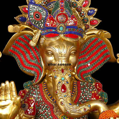 Big Ganesha Ganpati Sitting on Singhasan with Blessing Brass Stone work idol - 31 inches