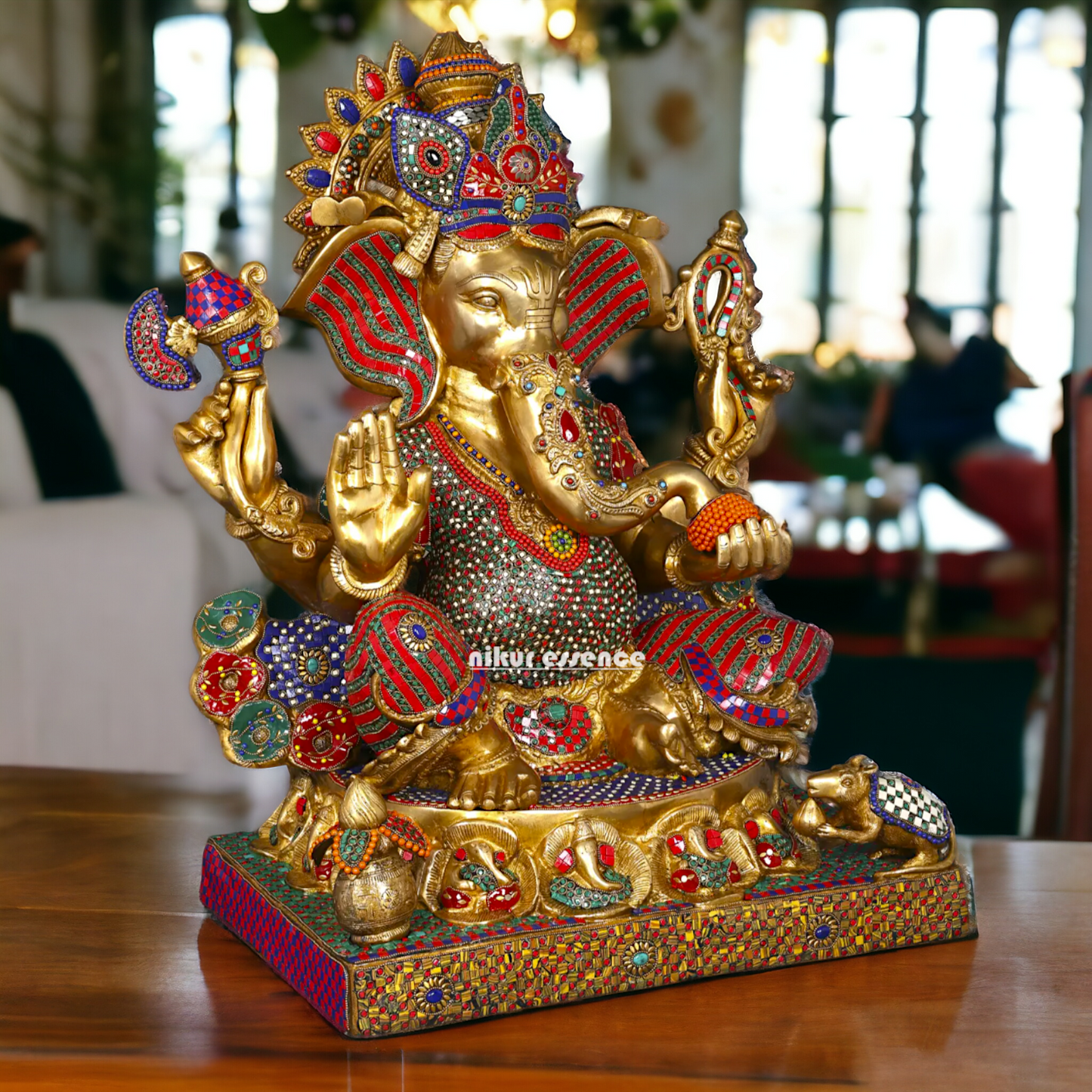 Big Ganesha Ganpati Sitting on Singhasan with Blessing Brass Stone work idol - 31 inches