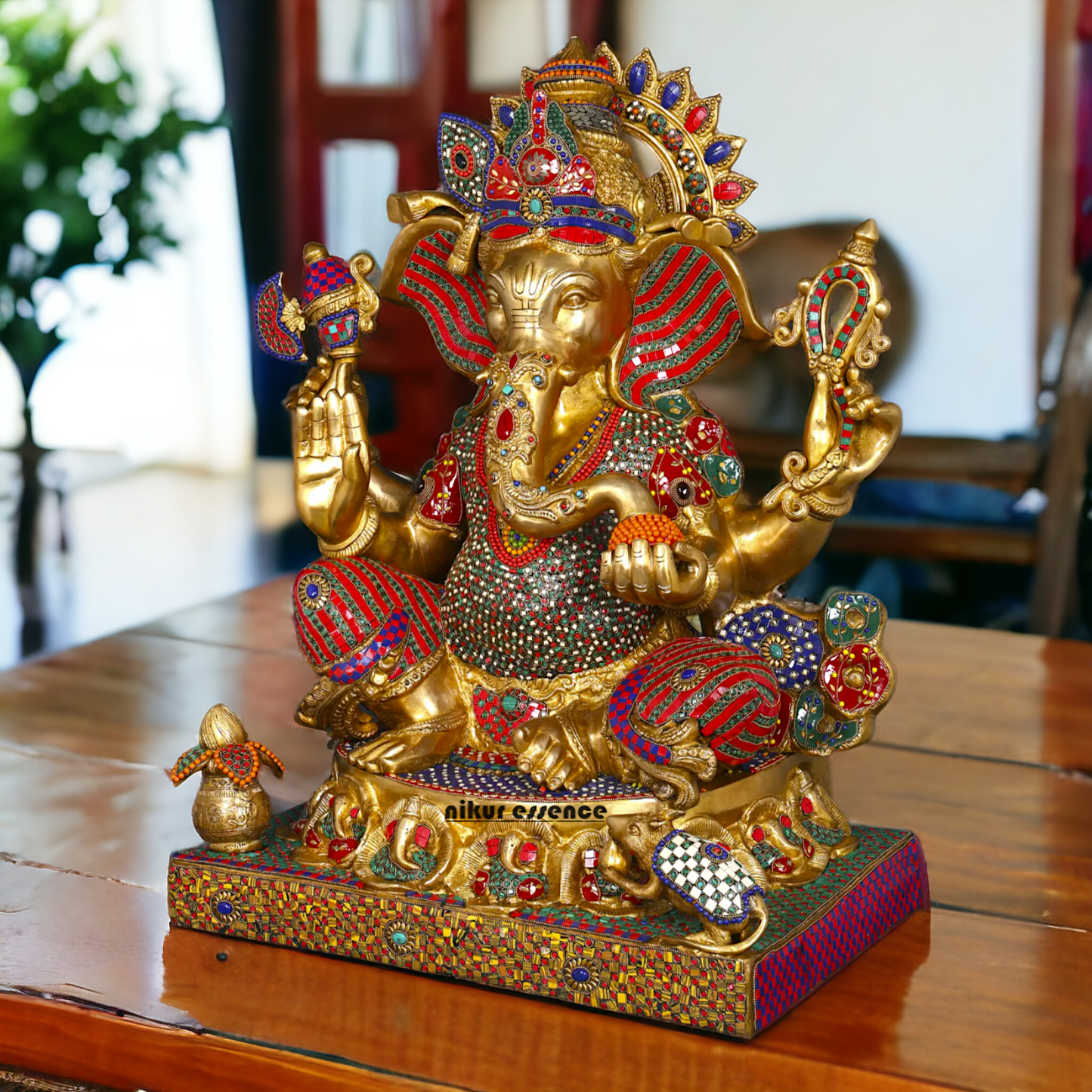 Big Ganesha Ganpati Sitting on Singhasan with Blessing Brass Stone work idol - 31 inches