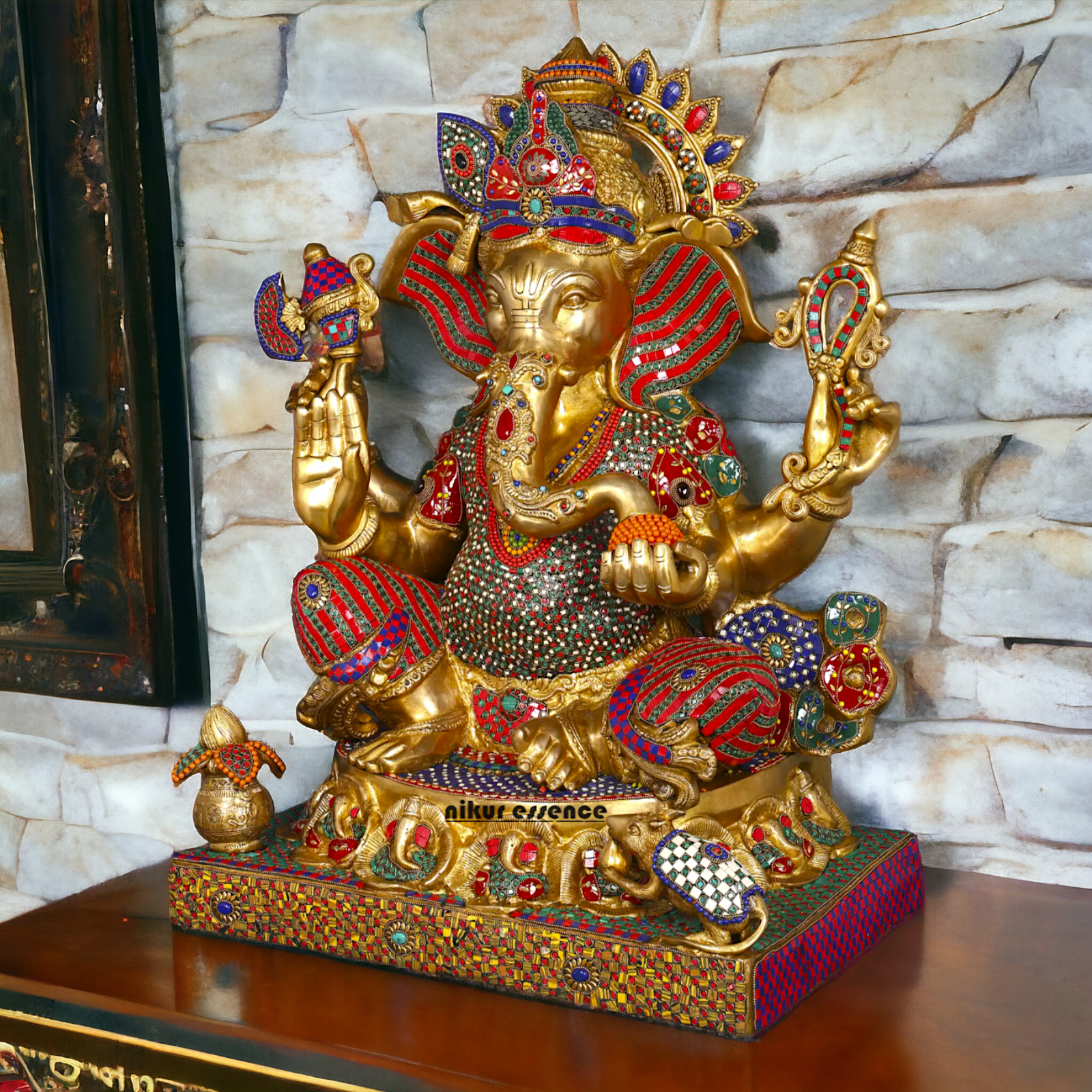 Big Ganesha Ganpati Sitting on Singhasan with Blessing Brass Stone work idol - 31 inches