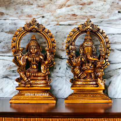 Antique brass Lakshmi Ganesh Pair statue - 7.5 inches