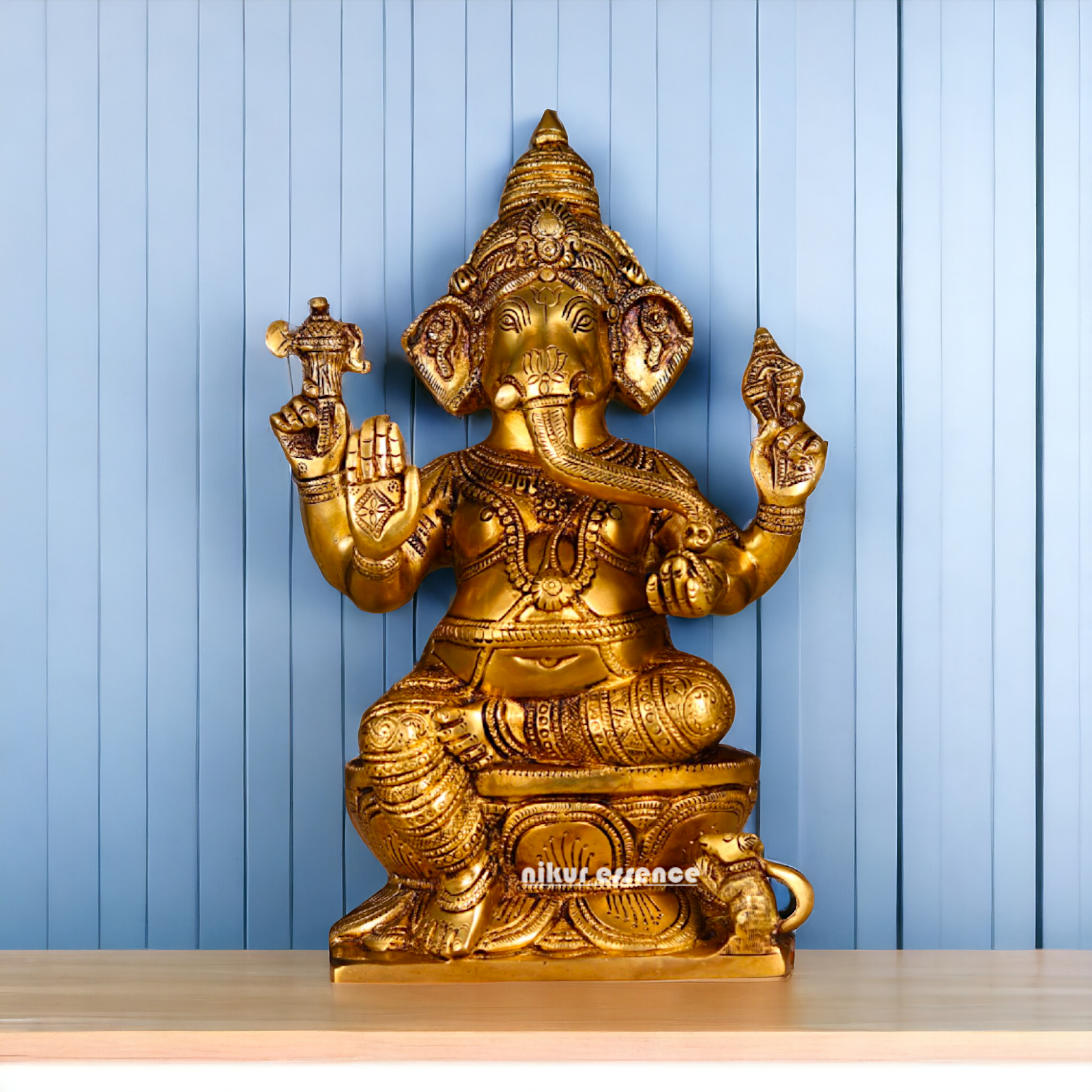 Lakshmi Ganesha Sitting on Singhasan Pure Brass idol - 12.1 inches