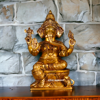 Lakshmi Ganesha Sitting on Singhasan Pure Brass idol - 12.1 inches