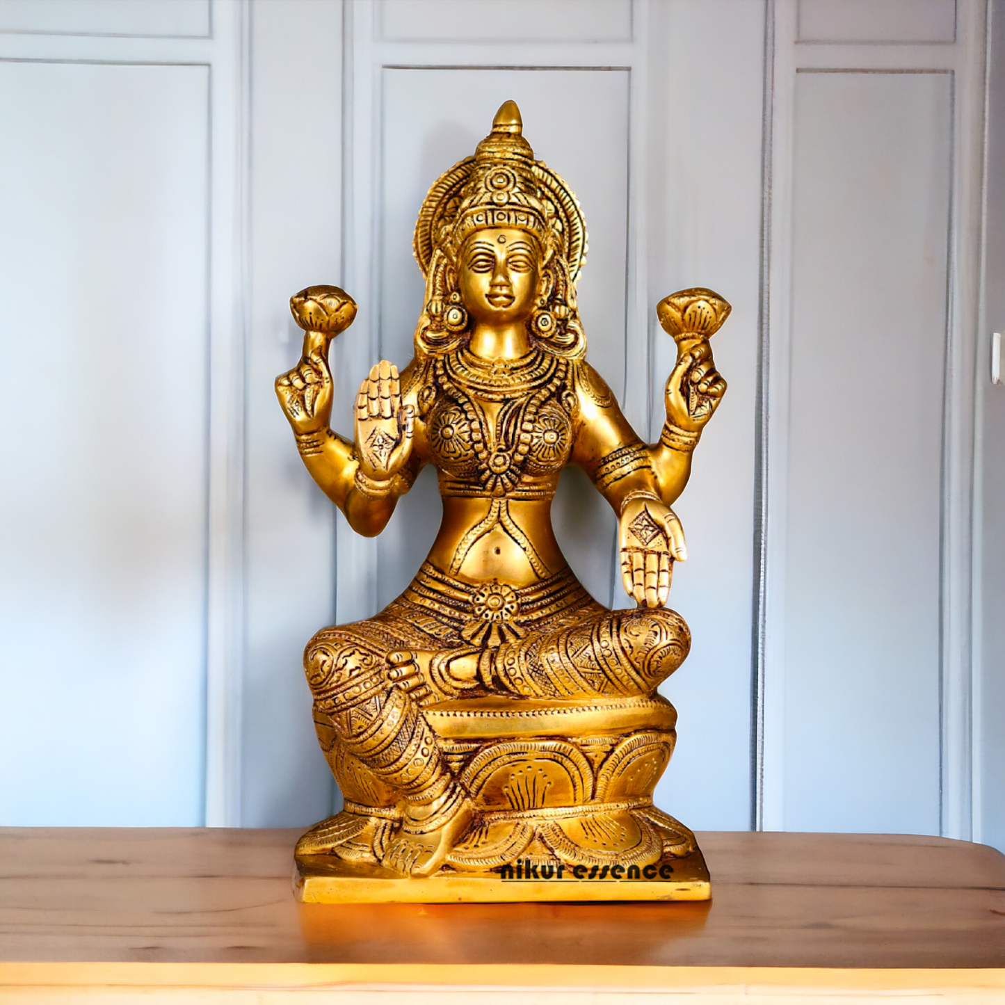 Lakshmi Ganesha Sitting on Singhasan Pure Brass idol - 12.1 inches