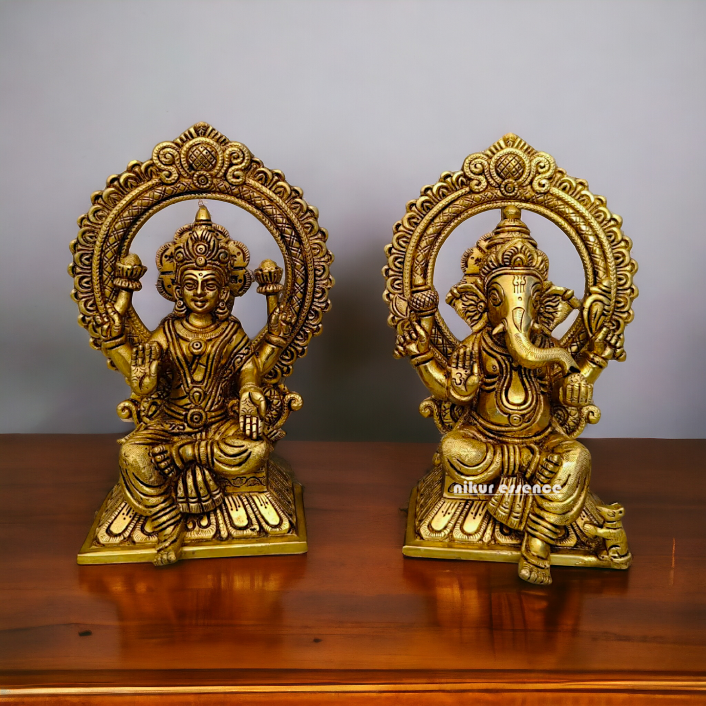 Ganesha Lakshmi Saraswati Sitting on Singhasan pital brass idol - 9.5 inch