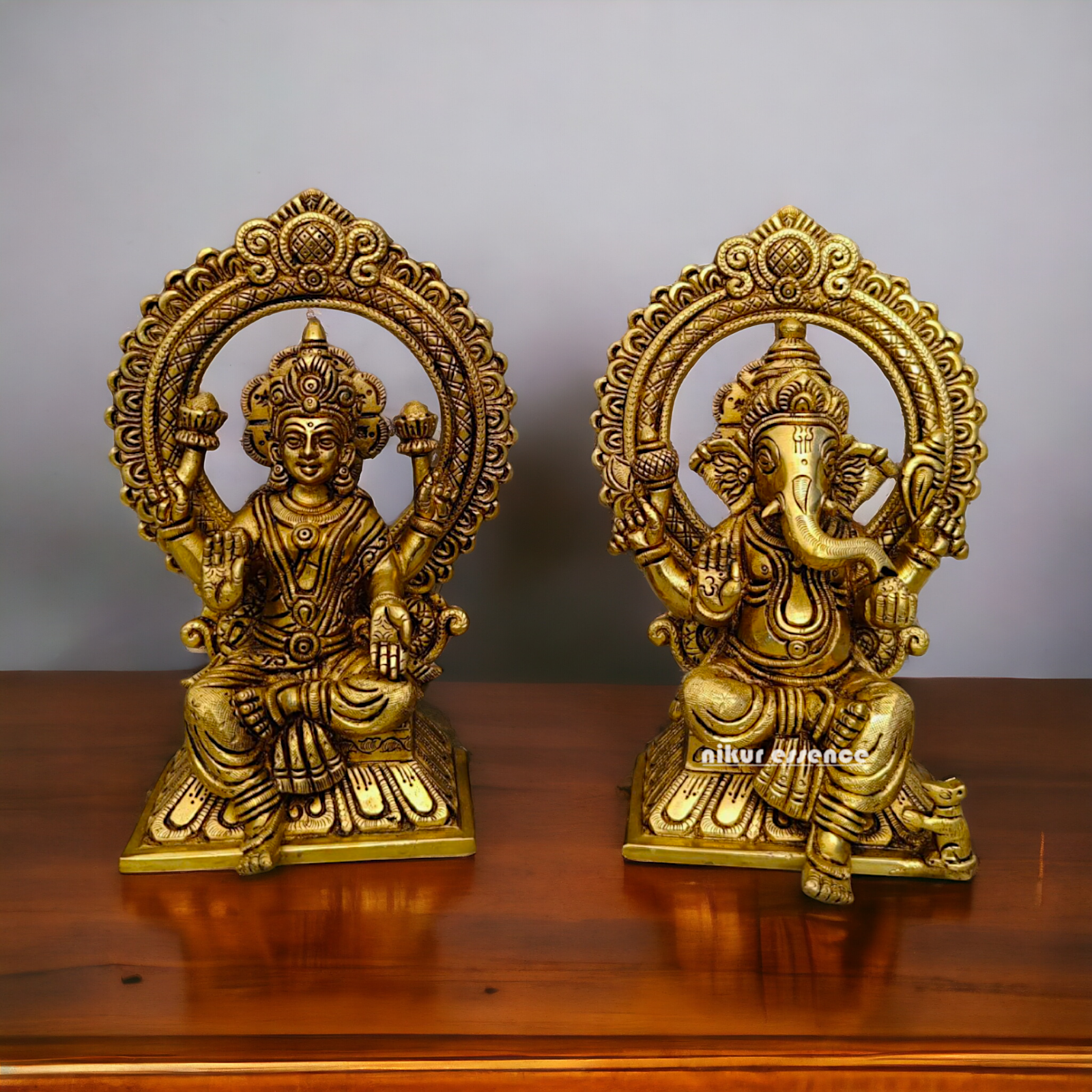 Ganesha Lakshmi Saraswati Sitting on Singhasan pital brass idol - 9.5 inch