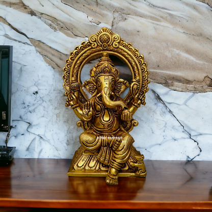 Ganesha Lakshmi Saraswati Sitting on Singhasan pital brass idol - 9.5 inch