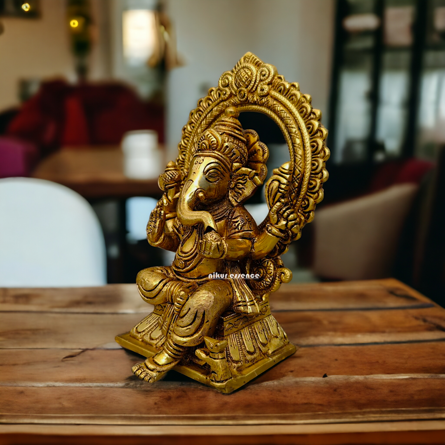 Ganesha Lakshmi Saraswati Sitting on Singhasan pital brass idol - 9.5 inch