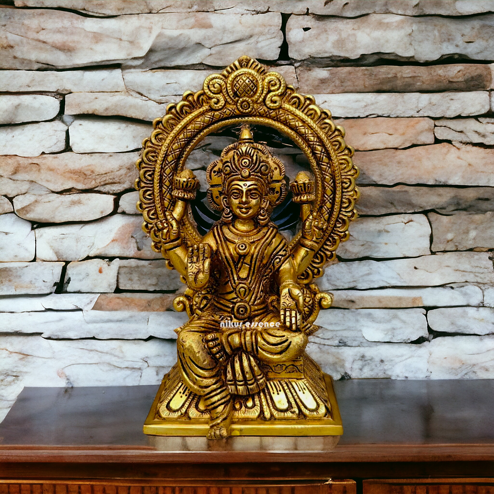 Ganesha Lakshmi Saraswati Sitting on Singhasan pital brass idol - 9.5 inch