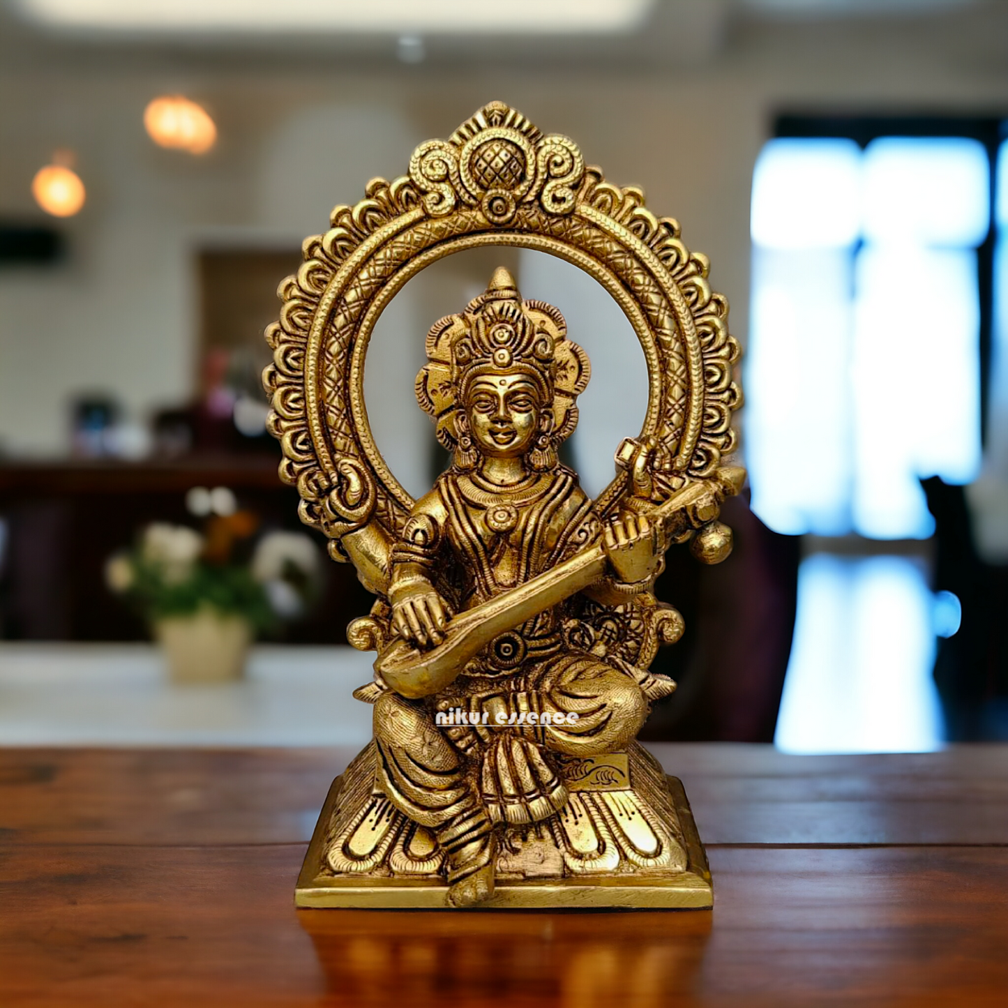 Ganesha Lakshmi Saraswati Sitting on Singhasan pital brass idol - 9.5 inch