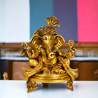 Superfine Brass Ganesha Sitting idol - 7.8 inch