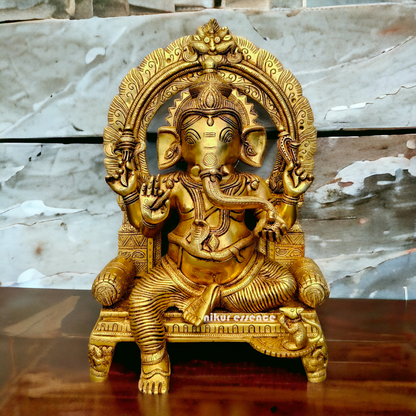 Big Ganesha Ganpati Sitting on Singhasan Pital Brass Idol - 17 inches