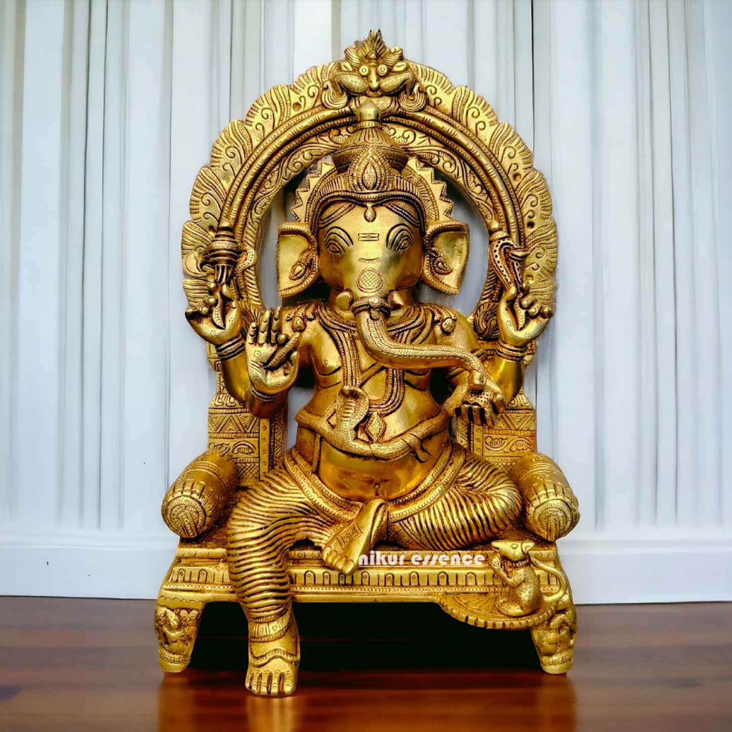 Big Ganesha Ganpati Sitting on Singhasan Pital Brass Idol - 17 inches