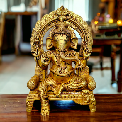 Big Ganesha Ganpati Sitting on Singhasan Pital Brass Idol - 17 inches