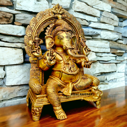 Big Ganesha Ganpati Sitting on Singhasan Pital Brass Idol - 17 inches