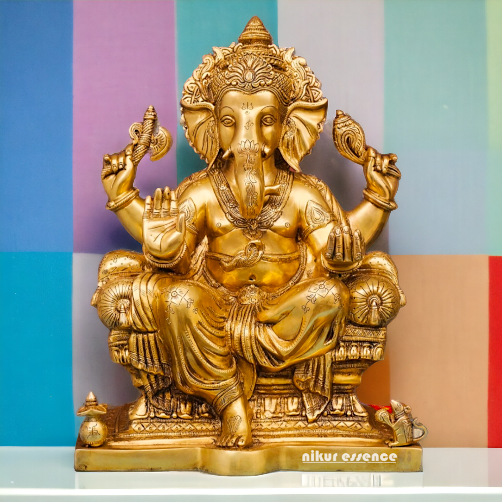 Large Ganesha Sitting on Singhasan Pital Brass idol - 18 inches