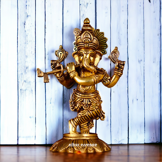 Antique Brass Ganesha Playing Flute statue - 8 inches