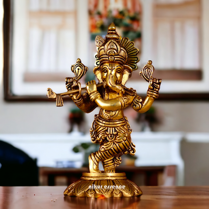 Antique Brass Ganesha Playing Flute statue - 8 inches