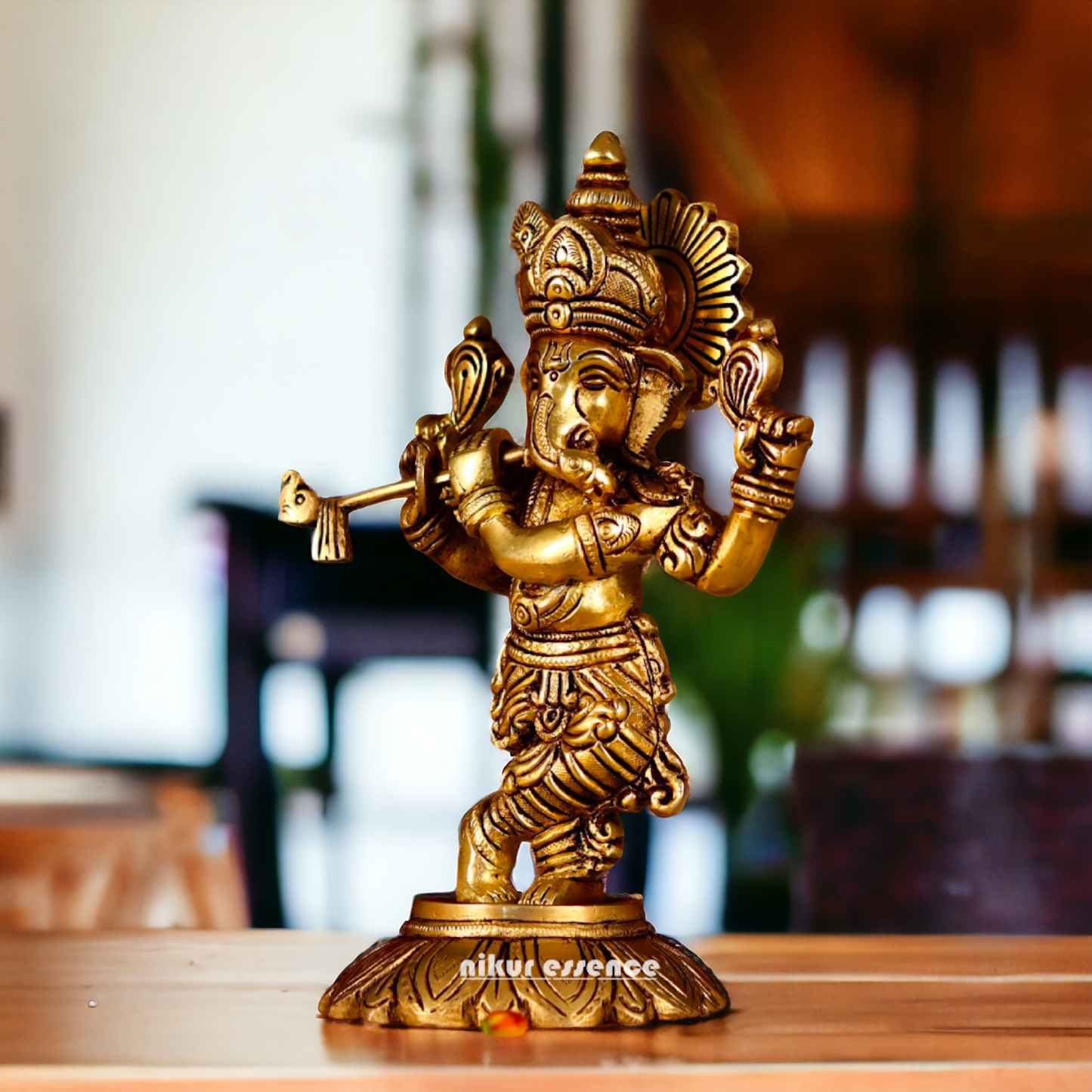 Antique Brass Ganesha Playing Flute statue - 8 inches