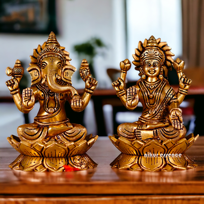 Ganesha Lakshmi Seated on Lotus Brass statue - 7 Inches