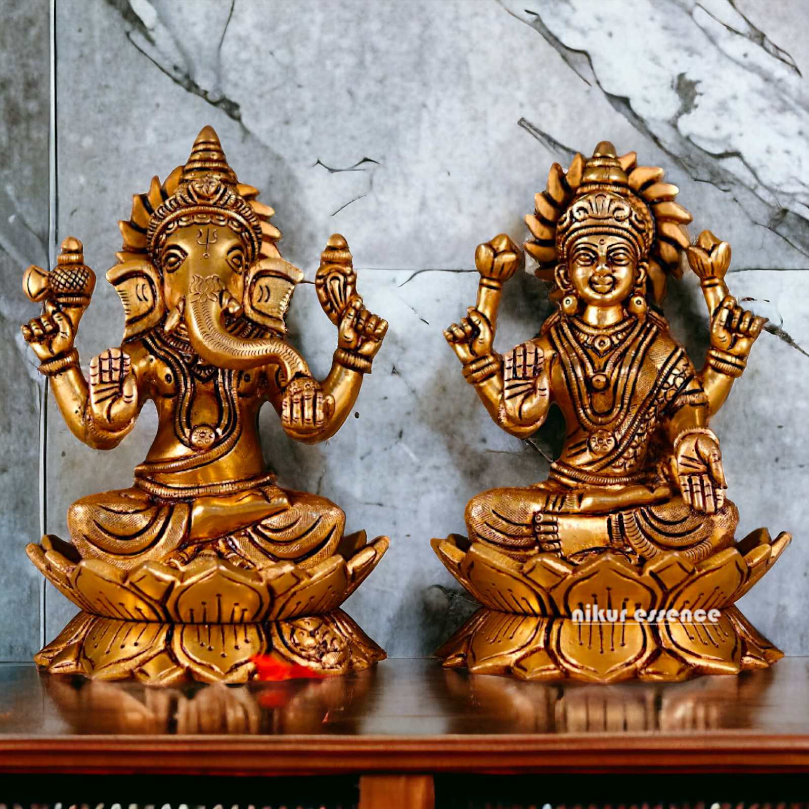 Ganesha Lakshmi Seated on Lotus Brass statue - 7 Inches