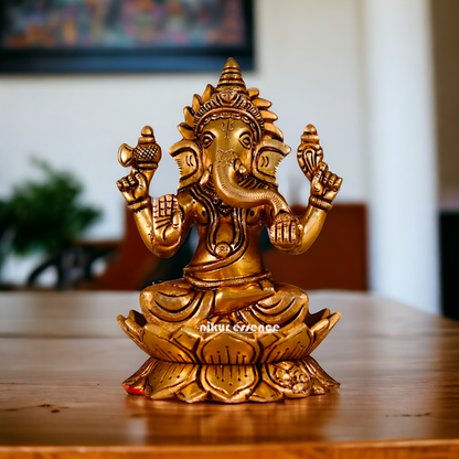 Ganesha Ganpati setting on Lotus antique Brass Idol - 7 Inches