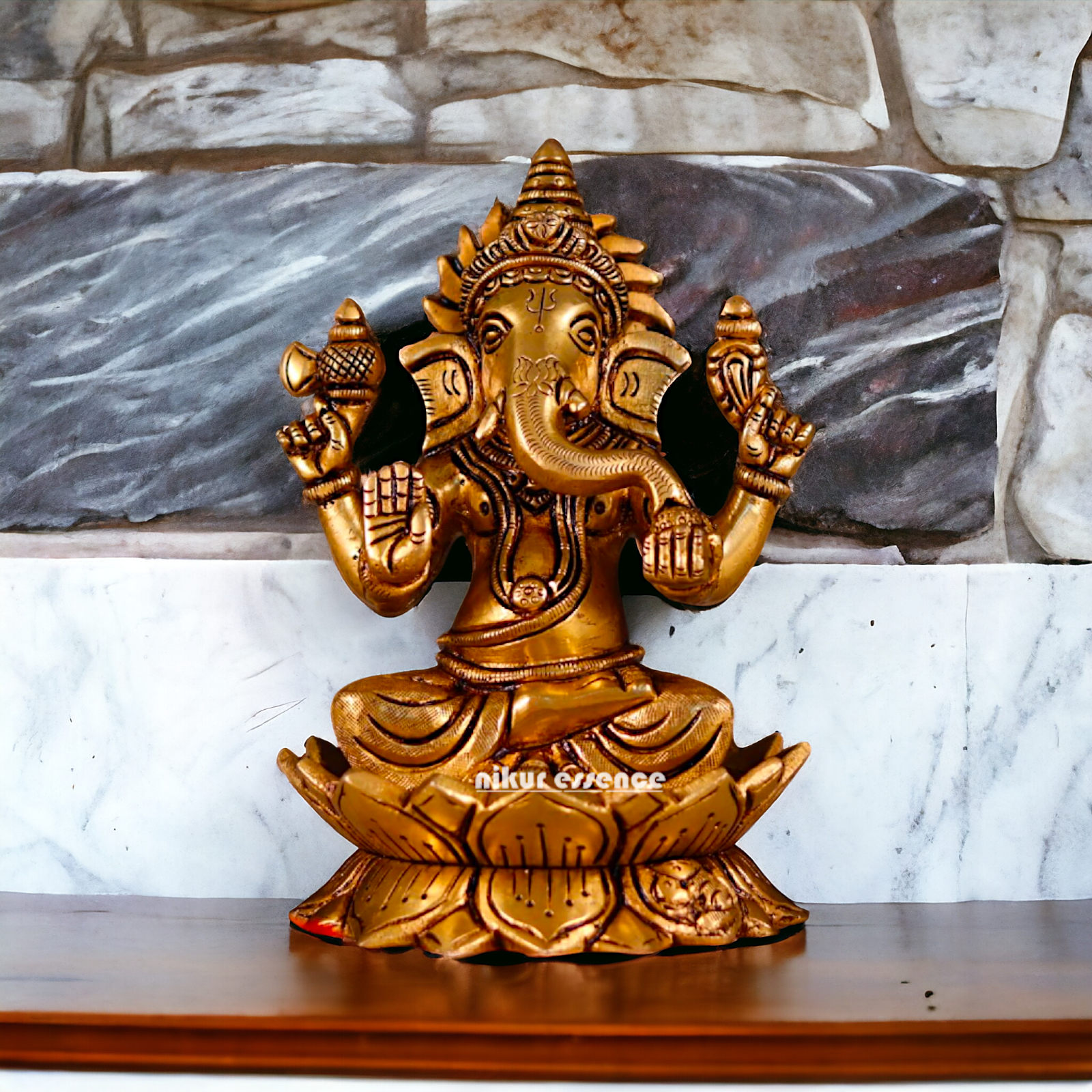 Ganesha Ganpati setting on Lotus antique Brass Idol - 7 Inches