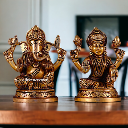 Ganesha Lakshmi Pital Antique Brass idol - 4 Inches