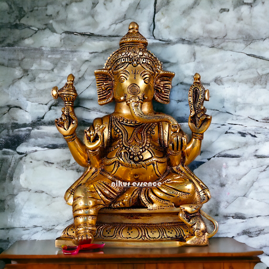 Superfine Brass Ganesha Seated Pital Murti - 10 inches