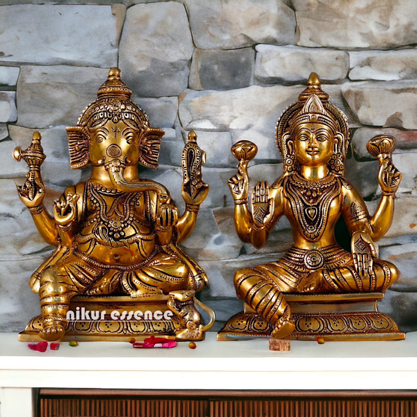 Superfine Brass Lakshmi Ganesha Seated Pital Murti - 10 inches