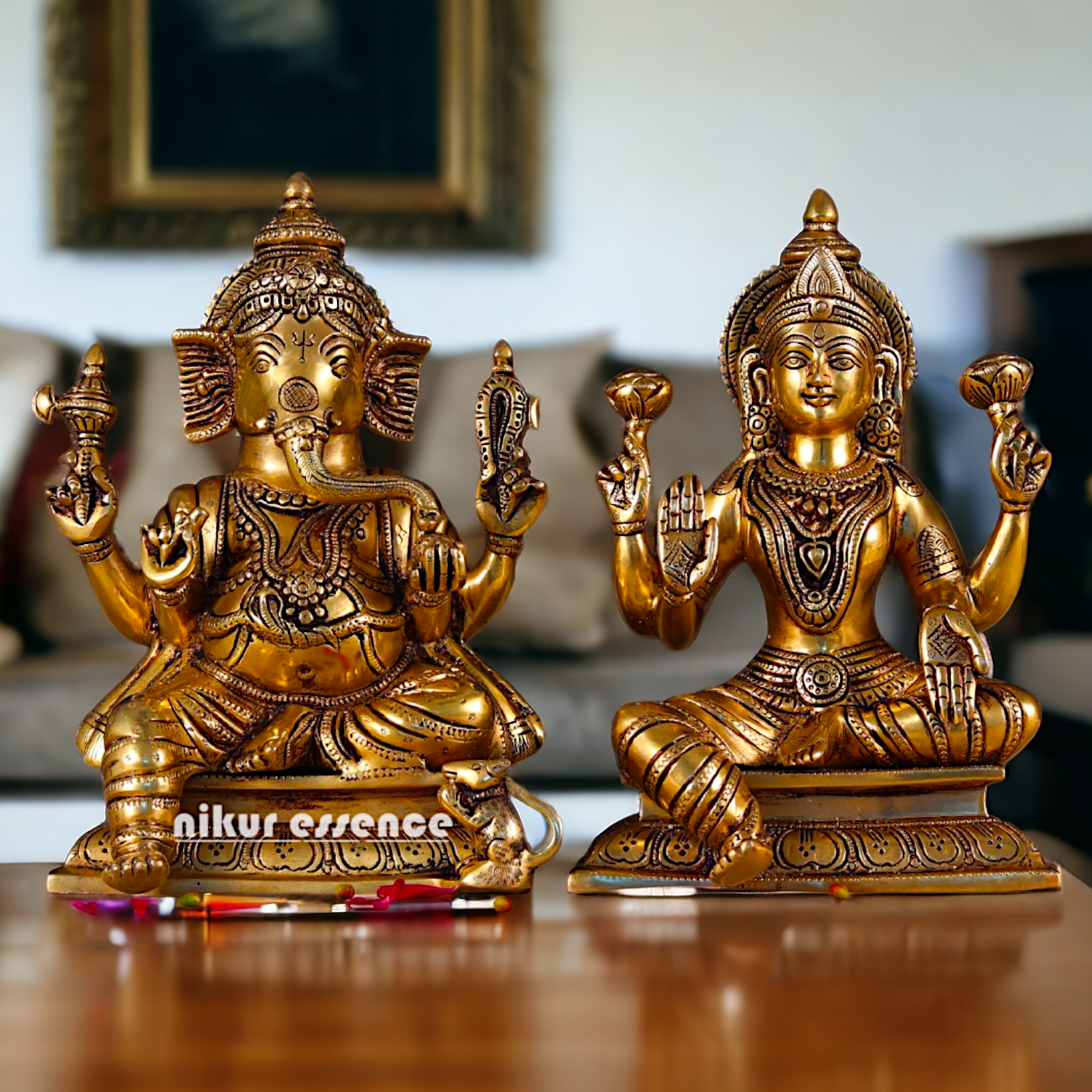 Superfine Brass Lakshmi Ganesha Seated Pital Murti - 10 inches