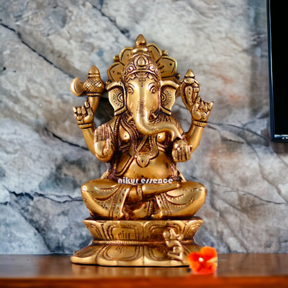 Superfine Brass Ganesha Seated Brass Pital ki Murti - 8 inches