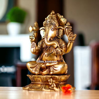 Superfine Brass Ganesha Seated Brass Pital ki Murti - 8 inches