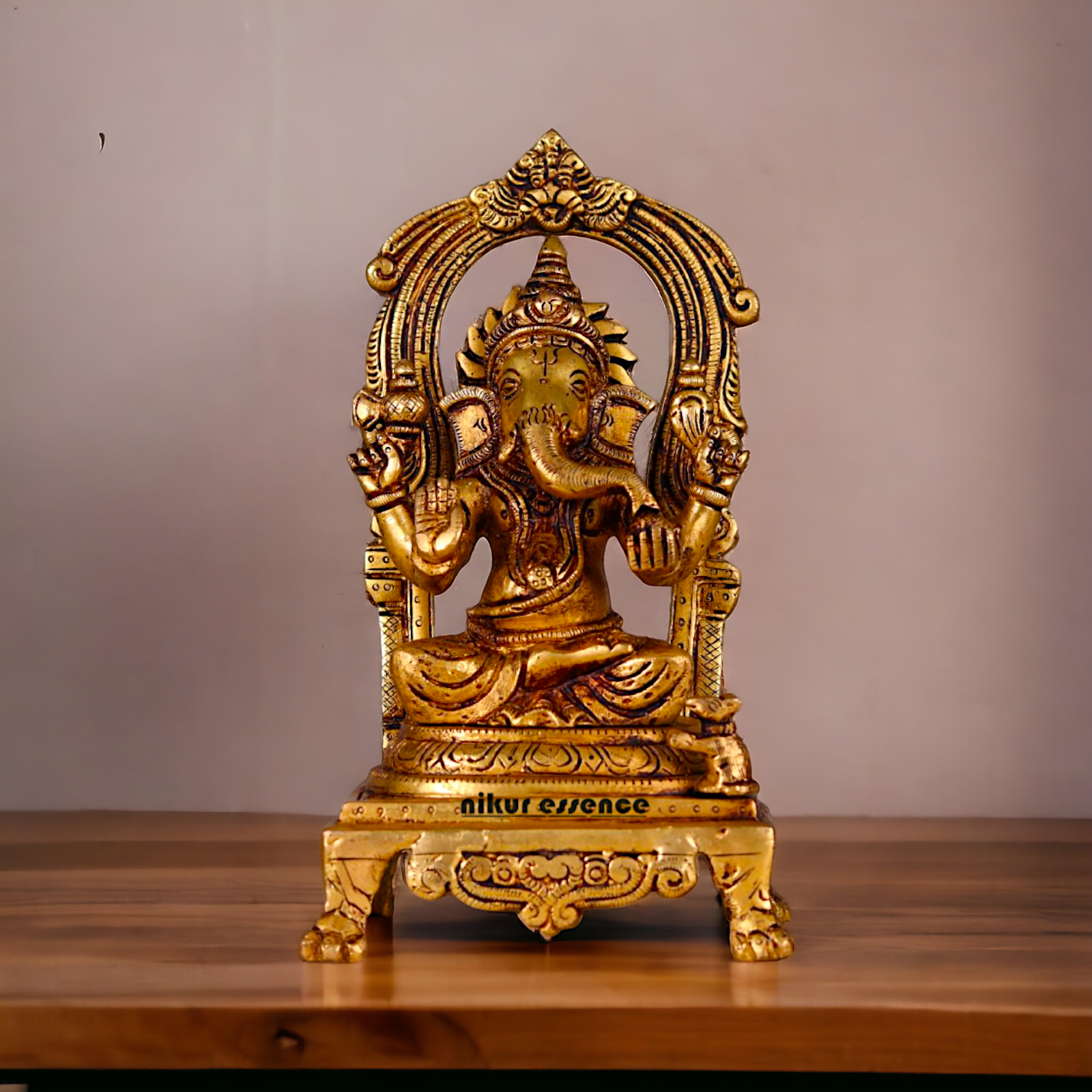 Pital Ganesha Seated on singhasan Brass idol - 9 inches